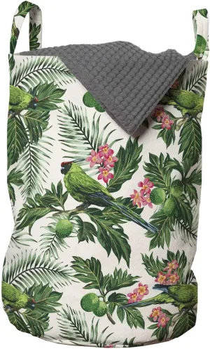 Lunarable Tropical Animals Laundry Bag, Breadfruit Palm Leaves and Plumeria Flowers with Birds Repetitive Pattern, Hamper Basket with Handles Drawstring Closure for Laundromats, 13" x 19", Multicolor