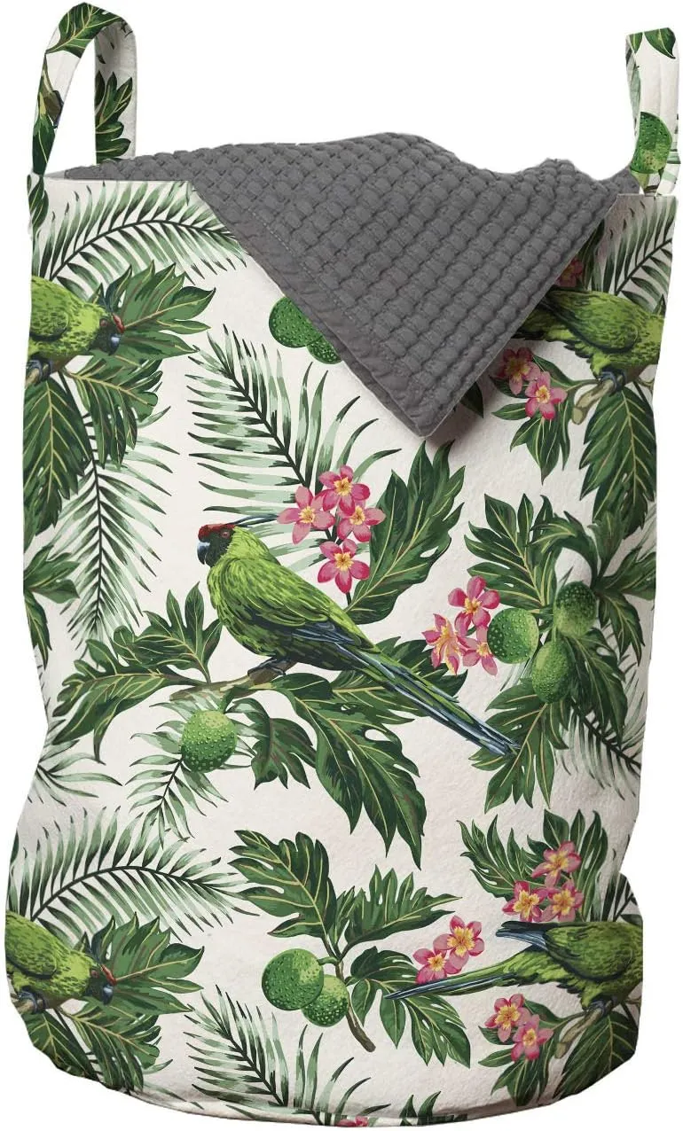 Lunarable Tropical Animals Laundry Bag, Breadfruit Palm Leaves and Plumeria Flowers with Birds Repetitive Pattern, Hamper Basket with Handles Drawstring Closure for Laundromats, 13" x 19", Multicolor