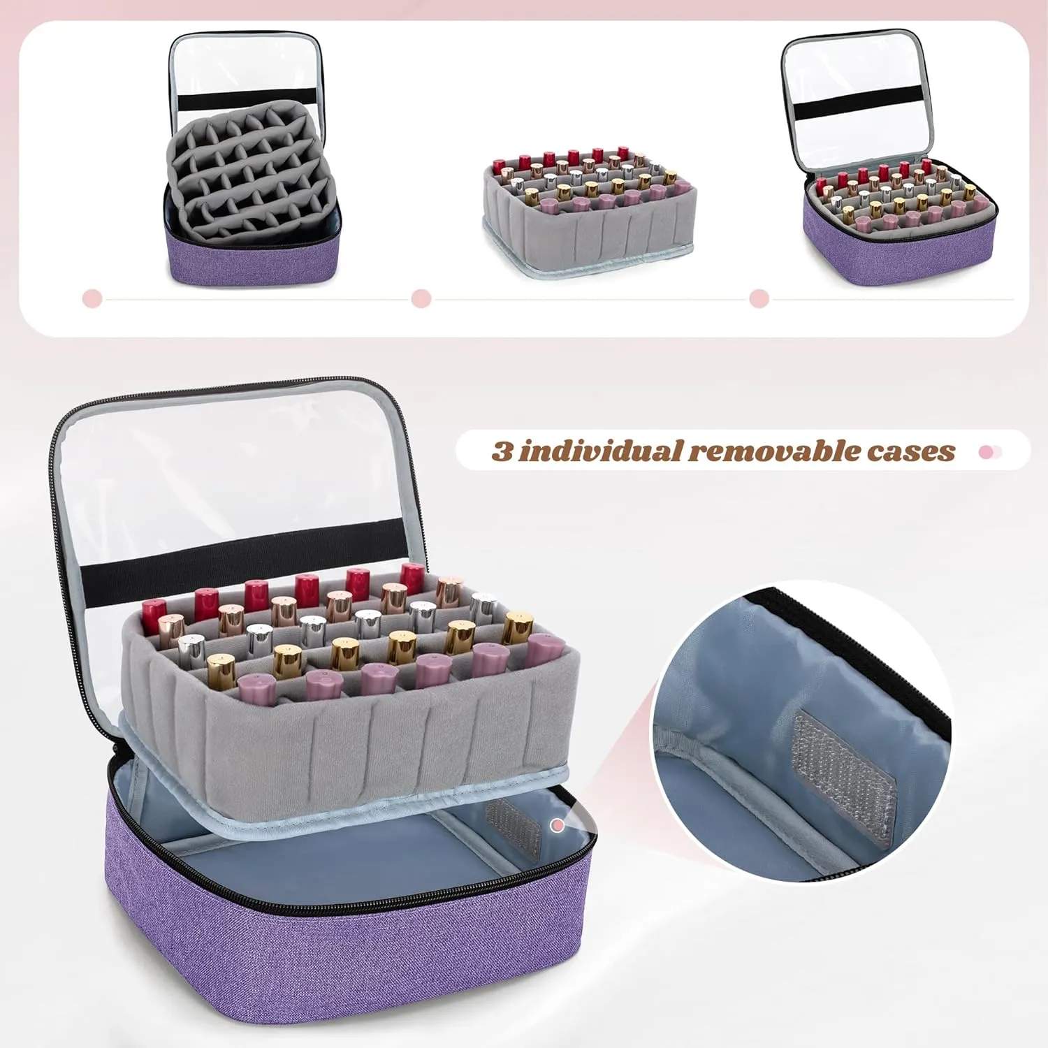 LUXJA Rolling Nail Polish Organizer Holds 90 Bottles and a Nail Lamp, Rolling Nail Polish Case with a Detachable Dolly and 3 Removable Cases (Patented), Purple