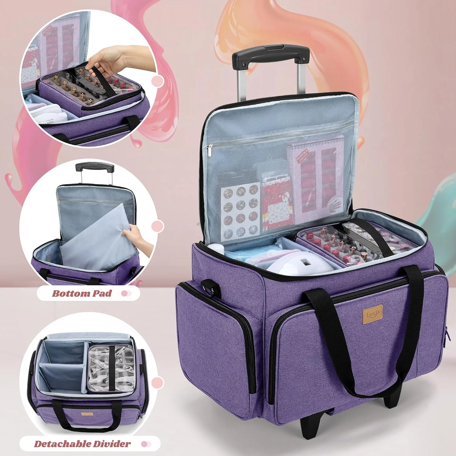 LUXJA Rolling Nail Polish Organizer Holds 90 Bottles and a Nail Lamp, Rolling Nail Polish Case with a Detachable Dolly and 3 Removable Cases (Patented), Purple