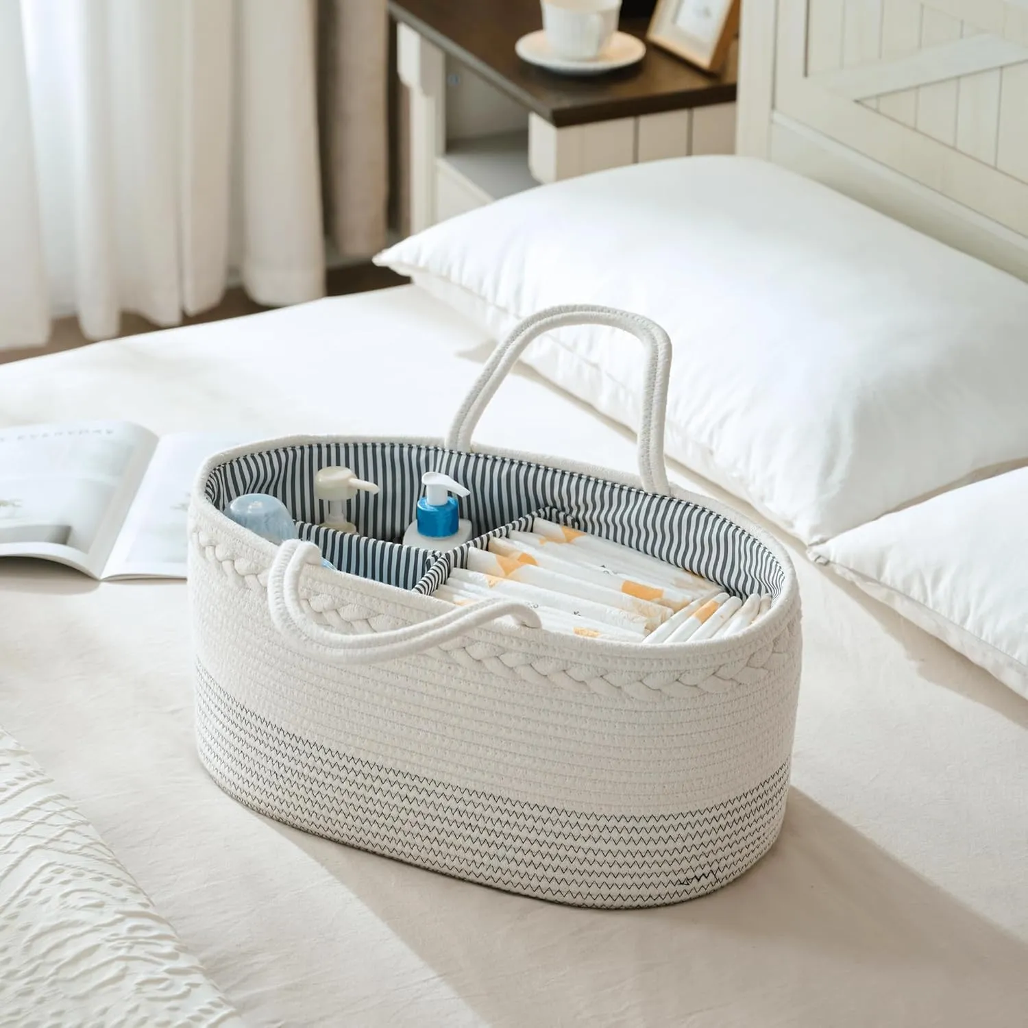 luxury little Diaper Caddy Organizer, Extra Large Cotton Rope Nursery Basket, Changing Table Organizer for Baby Diaper Storage, Portable Car Organizer with Removable Divider, Baby Shower Gifts