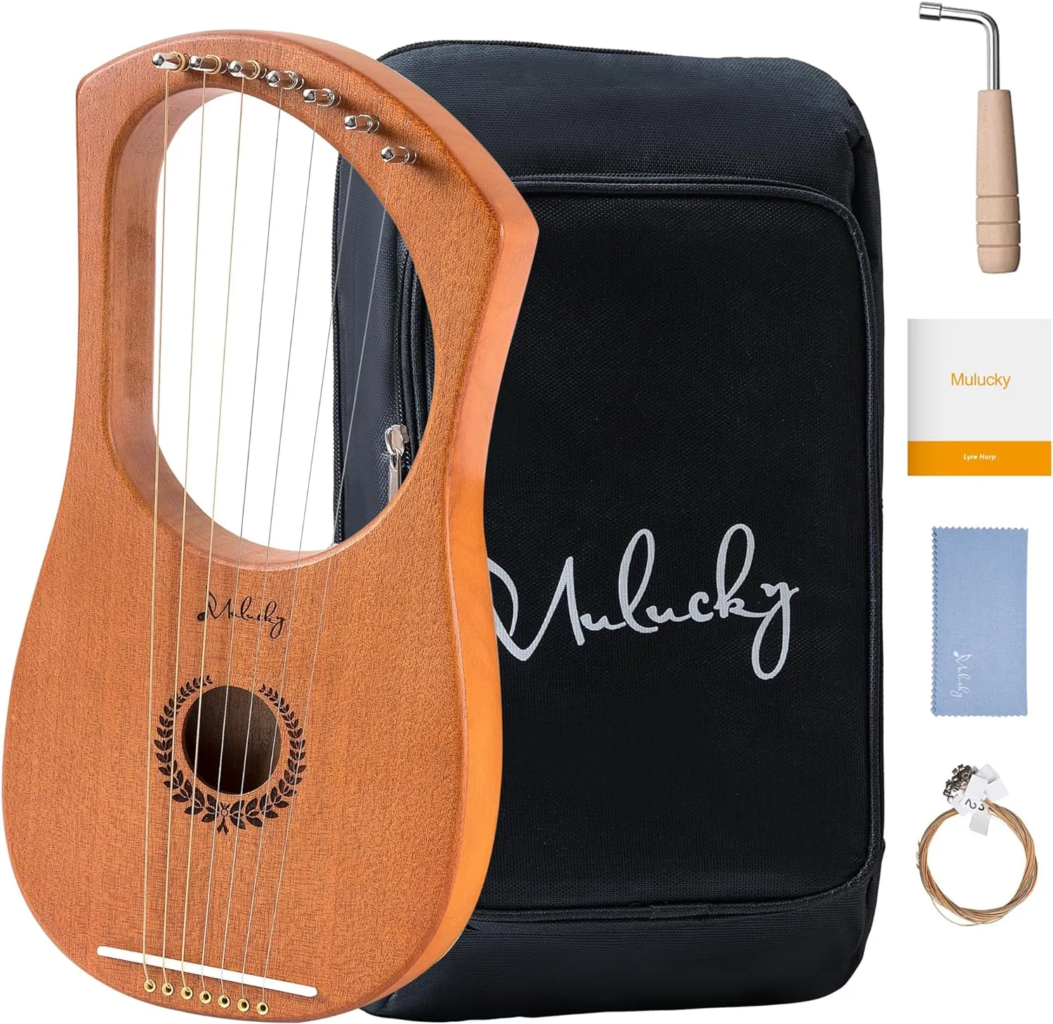 Lyre Harp Mulucky 7 Metal Lyre Steel String Bone Saddle Mahogany Lyre Instrument with Tuning Wrench and Black Gig Bag - MLH701