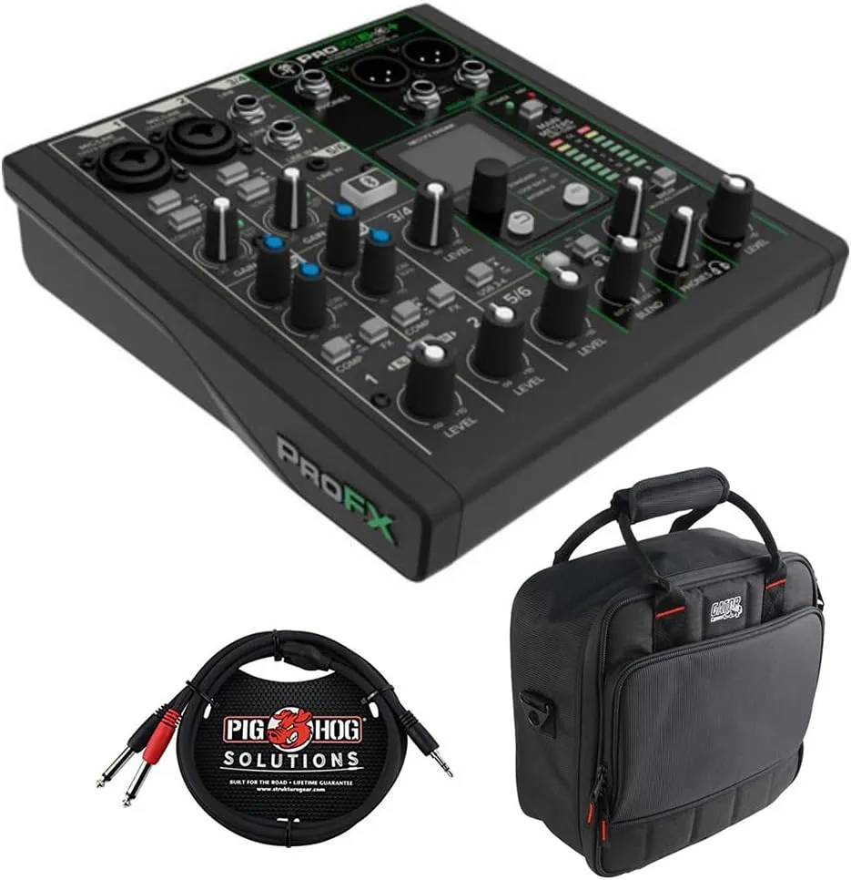 Mackie ProFX6v3  6-Channel Analog Mixer with Built-In FX, USB Recording, and Bluetooth Bundle with G-MIXERBAG-1212 Padded Nylon Mixer Bag and Stereo Breakout Cable 10'