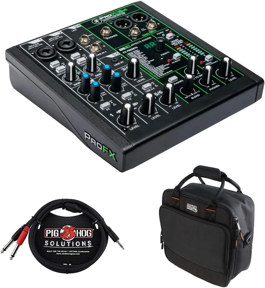 Mackie ProFX6v3 6-Channel Sound Reinforcement Mixer with Built-In FX, Gator Cases G-MIXERBAG-1212 Mixer Bag & Stereo Cable 10' Bundle