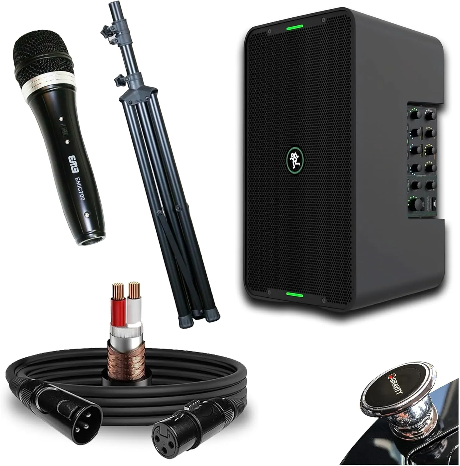Mackie ShowBox All-in-One Battery Powered Performance Rig with Bluetooth Bundle with Pro XLR Mic Cable, Dynamic Microphone, and Adjustable Speaker Stands - Complete Live Sound