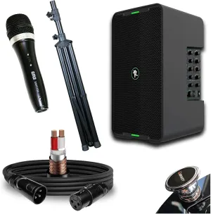 Mackie ShowBox All-in-One Battery Powered Performance Rig with Bluetooth Bundle with Pro XLR Mic Cable, Dynamic Microphone, and Adjustable Speaker Stands - Complete Live Sound