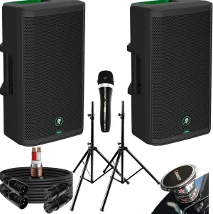 Mackie Thrash212 GO 12" Battery-Powered Loudspeaker with Bluetooth Bundle with Dynamic Microphone, Two XLR Cables, and Two Adjustable Speaker Stands