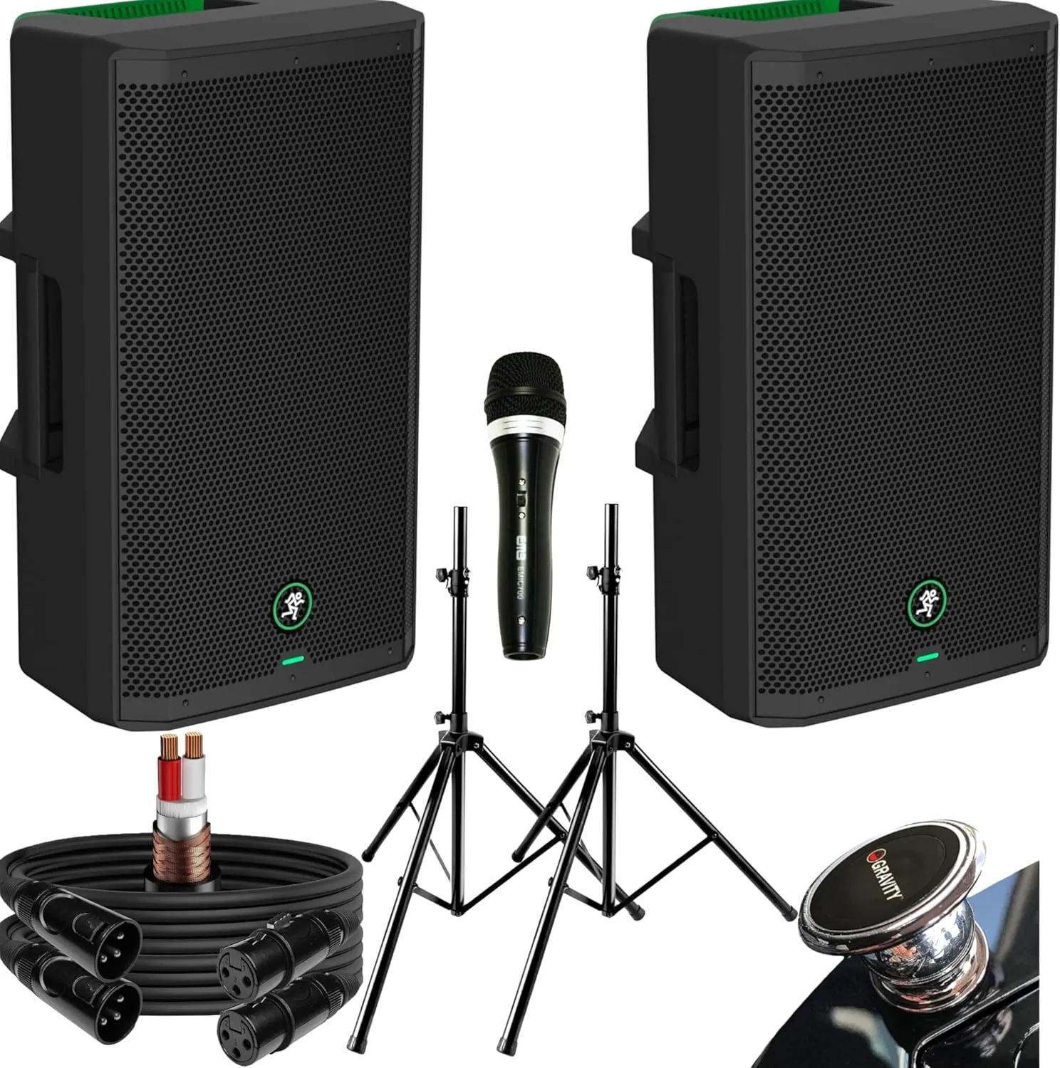 Mackie Thrash212 GO 12" Battery-Powered Loudspeaker with Bluetooth Bundle with Dynamic Microphone, Two XLR Cables, and Two Adjustable Speaker Stands