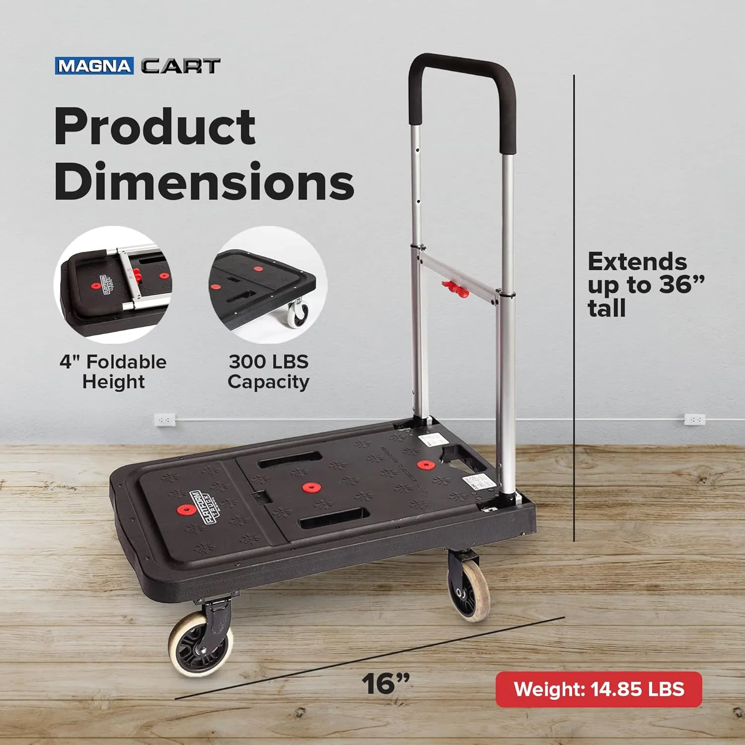 Magna Cart Folding Platform Cart, 4-Wheel Rolling Utility Dolly, 300 lb Load Capacity - Portable Transport Trolley with Telescoping Handle for Boxes, Crates, Groceries, Supplies & Equipment