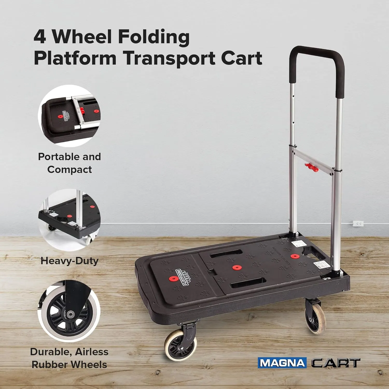 Magna Cart Folding Platform Cart, 4-Wheel Rolling Utility Dolly, 300 lb Load Capacity - Portable Transport Trolley with Telescoping Handle for Boxes, Crates, Groceries, Supplies & Equipment