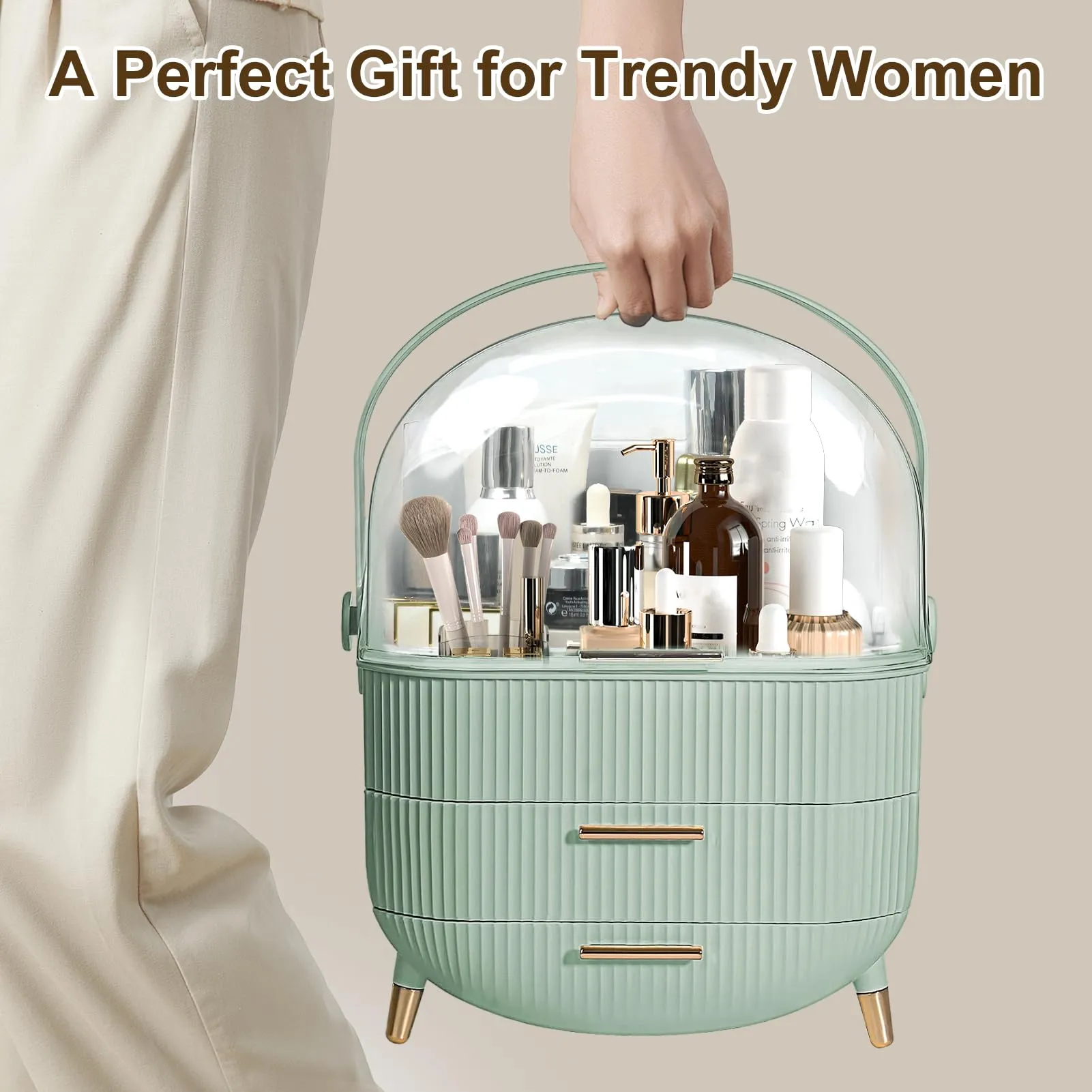 Make up Organizers and Storage, Makeup Organizer for Vanity, Cosmetics Skincare Organizers with Lid and Drawers, Cosmetic Display Cases for Countertop, Bathroom, Ideal Gifts for Women(Light Green)