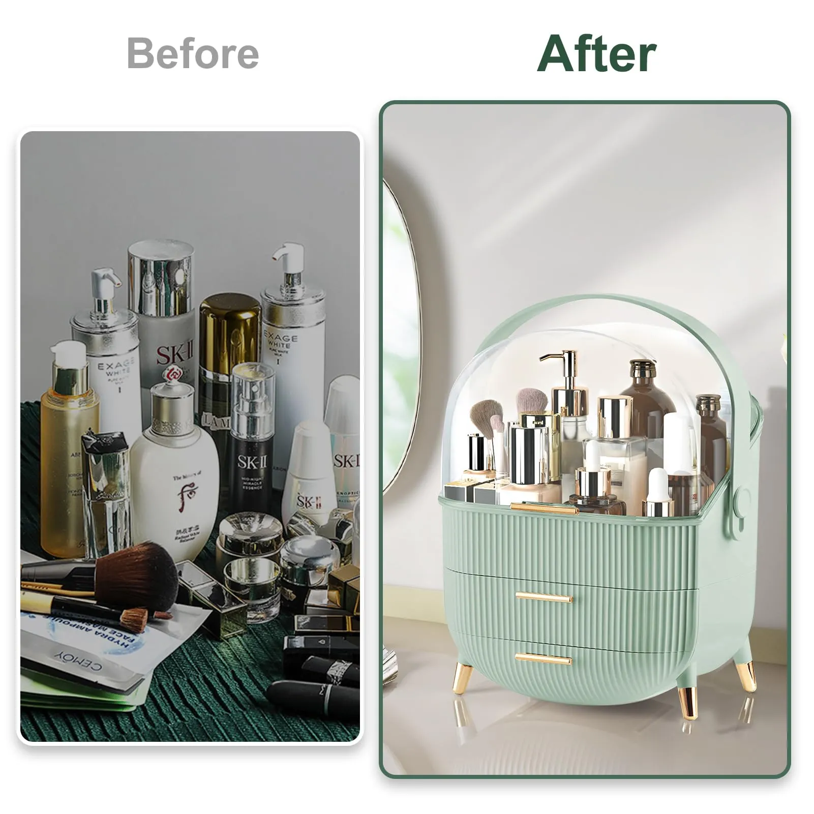 Make up Organizers and Storage, Makeup Organizer for Vanity, Cosmetics Skincare Organizers with Lid and Drawers, Cosmetic Display Cases for Countertop, Bathroom, Ideal Gifts for Women(Light Green)