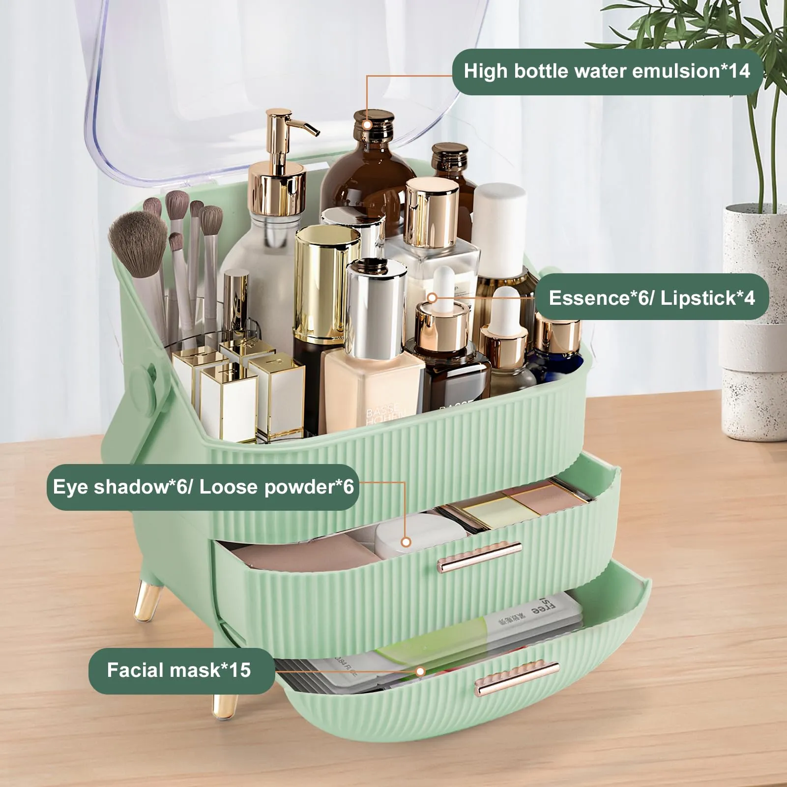 Make up Organizers and Storage, Makeup Organizer for Vanity, Cosmetics Skincare Organizers with Lid and Drawers, Cosmetic Display Cases for Countertop, Bathroom, Ideal Gifts for Women(Light Green)