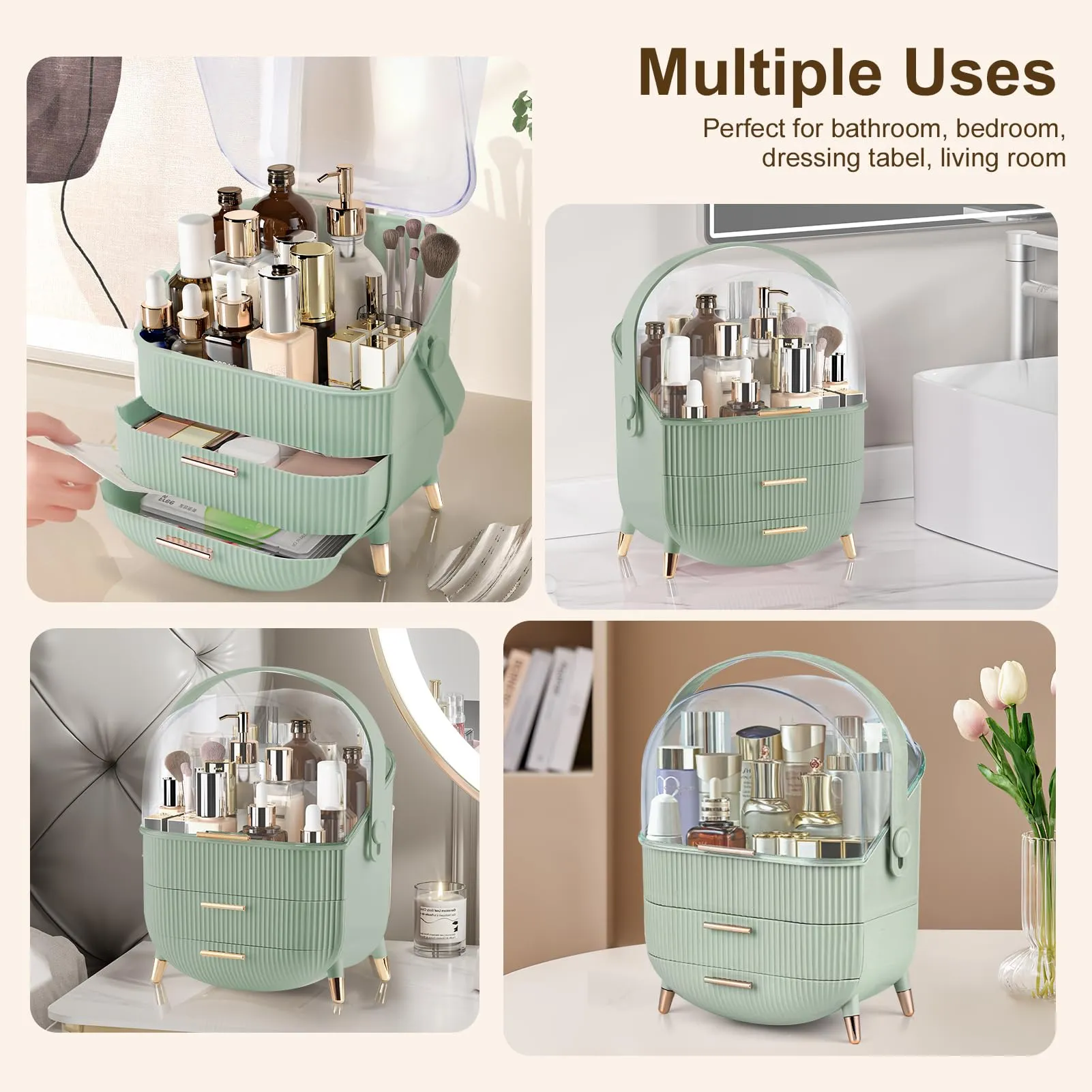 Make up Organizers and Storage, Makeup Organizer for Vanity, Cosmetics Skincare Organizers with Lid and Drawers, Cosmetic Display Cases for Countertop, Bathroom, Ideal Gifts for Women(Light Green)