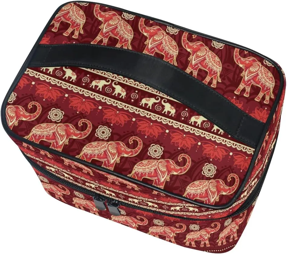 Makeup Bag, African Elephants With Lotus Travel Makeup Organizer Bag Cosmetic Cases Toiletry Bags for Girl Women Ladies