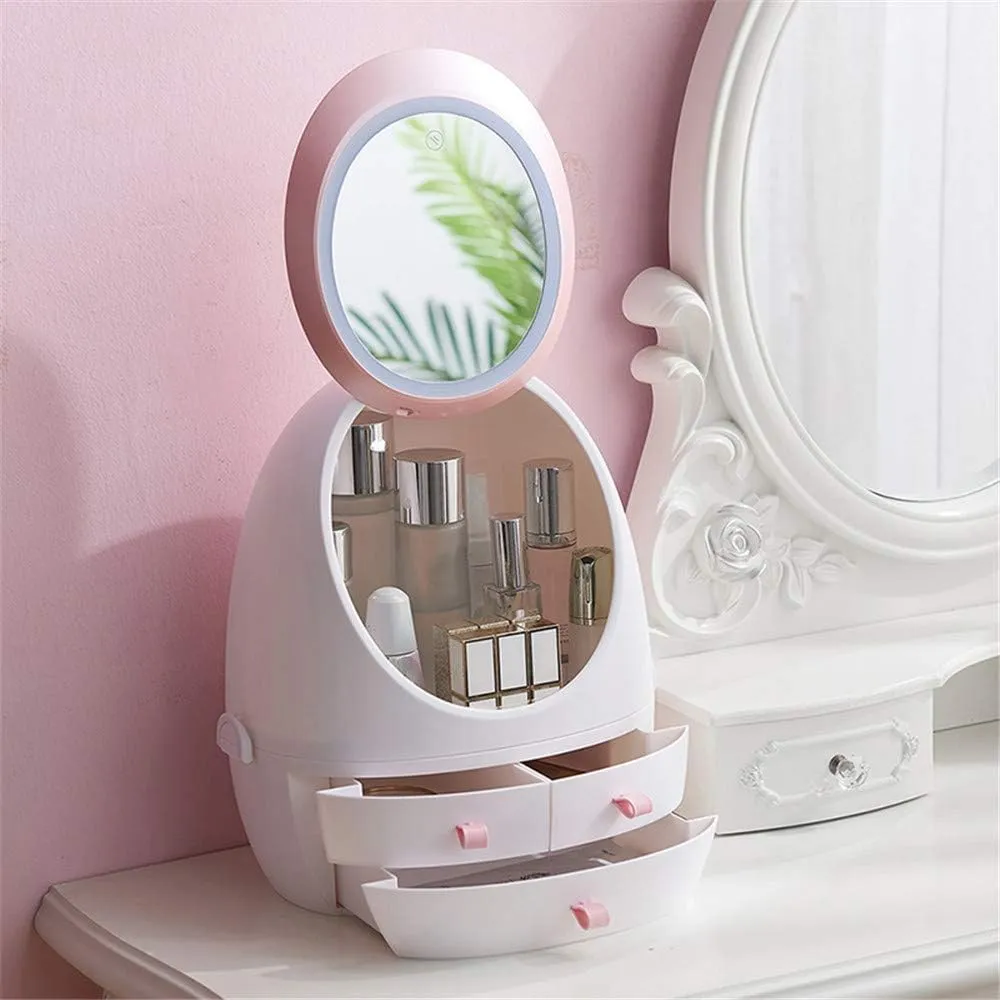 Makeup bag Storage Box, Countertop Portable Vanity Cosmetics MAKE UP bathroom organizers and Storage Cosmetics Organizer Box for Countertop & Drawers Skincare Organizers (EGGSHAPE with led mirror)