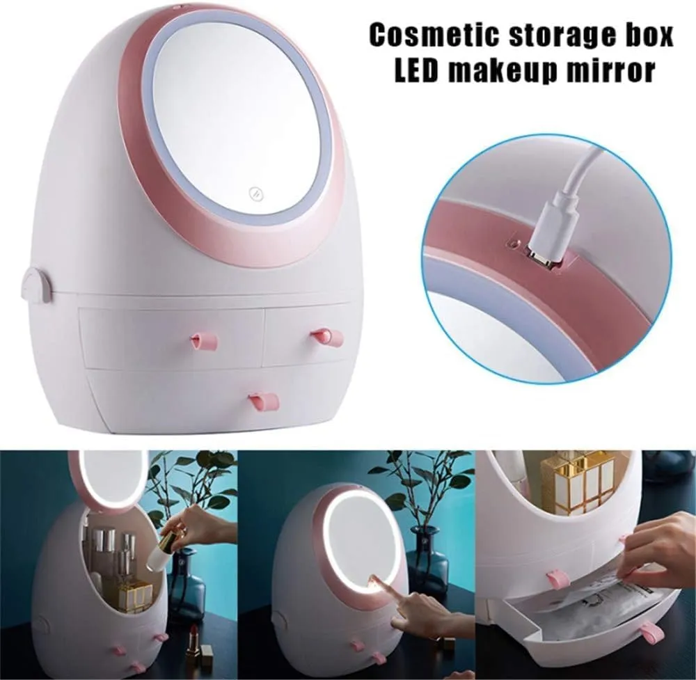 Makeup bag Storage Box, Countertop Portable Vanity Cosmetics MAKE UP bathroom organizers and Storage Cosmetics Organizer Box for Countertop & Drawers Skincare Organizers (EGGSHAPE with led mirror)