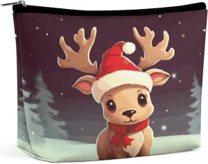 Makeup Bags Large Capacity Cosmetic Bags for Women Cute Christmas Reindeer Open Flat Toiletry Bag Waterproof Makeup Pouch Portable Cosmetic Organizer Makeups Train for Travel Gift