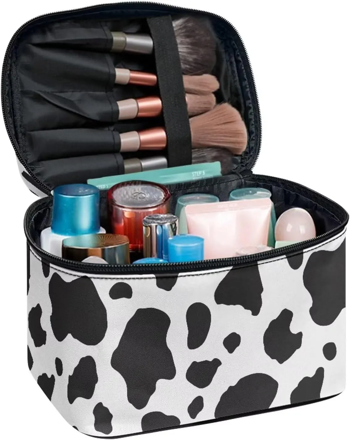 Makeup Brush Bag Black White Cow Print Cosmetic Brush Case Travel Essentials Accessories for Toiletries Cute Purse with Zipper Pocket