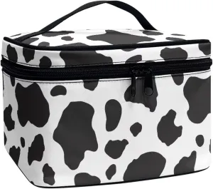 Makeup Brush Bag Black White Cow Print Cosmetic Brush Case Travel Essentials Accessories for Toiletries Cute Purse with Zipper Pocket