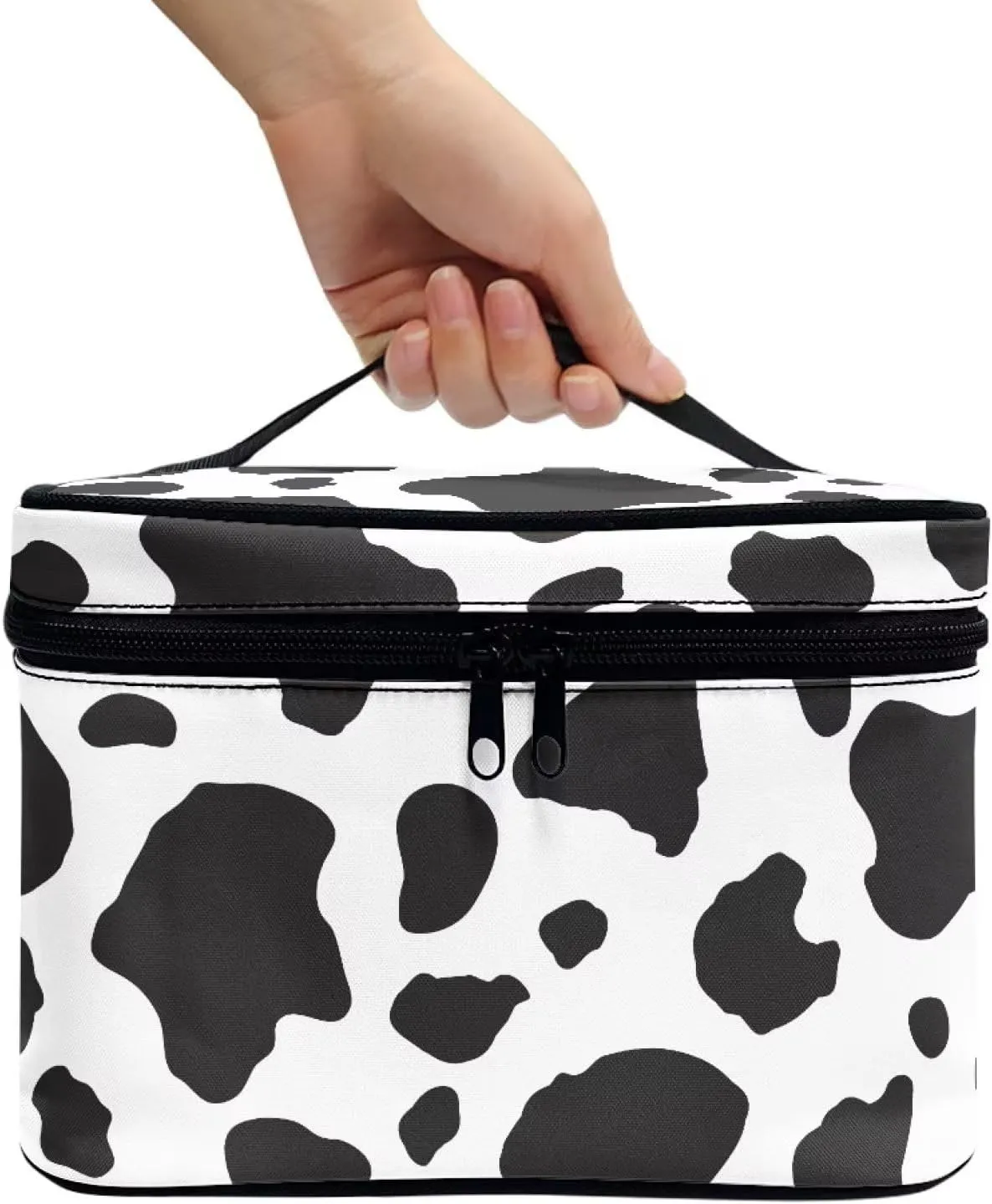 Makeup Brush Bag Black White Cow Print Cosmetic Brush Case Travel Essentials Accessories for Toiletries Cute Purse with Zipper Pocket