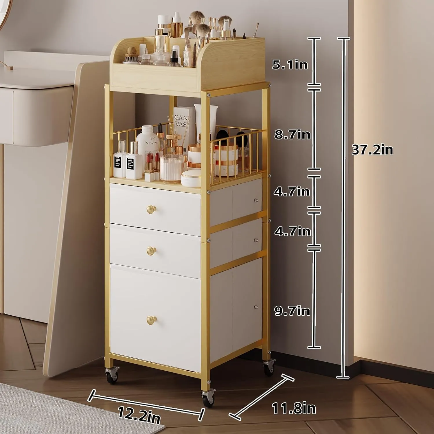 Makeup Organizer Cart with Drawers, Floor Skincare Organizers Make Up Organizers-Vanity Organizer Cosmetic Display Cases Holder for Skin Care Perfume Nail Polish Brush Hair Tool（Gold）