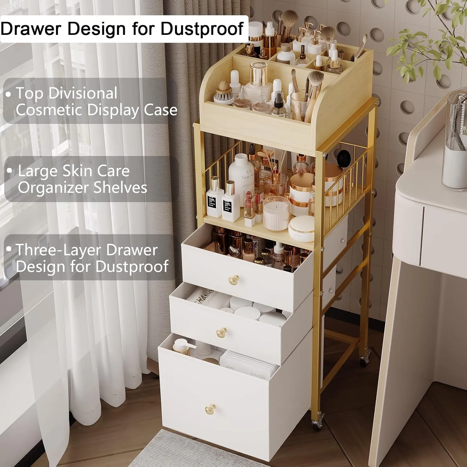 Makeup Organizer Cart with Drawers, Floor Skincare Organizers Make Up Organizers-Vanity Organizer Cosmetic Display Cases Holder for Skin Care Perfume Nail Polish Brush Hair Tool（Gold）