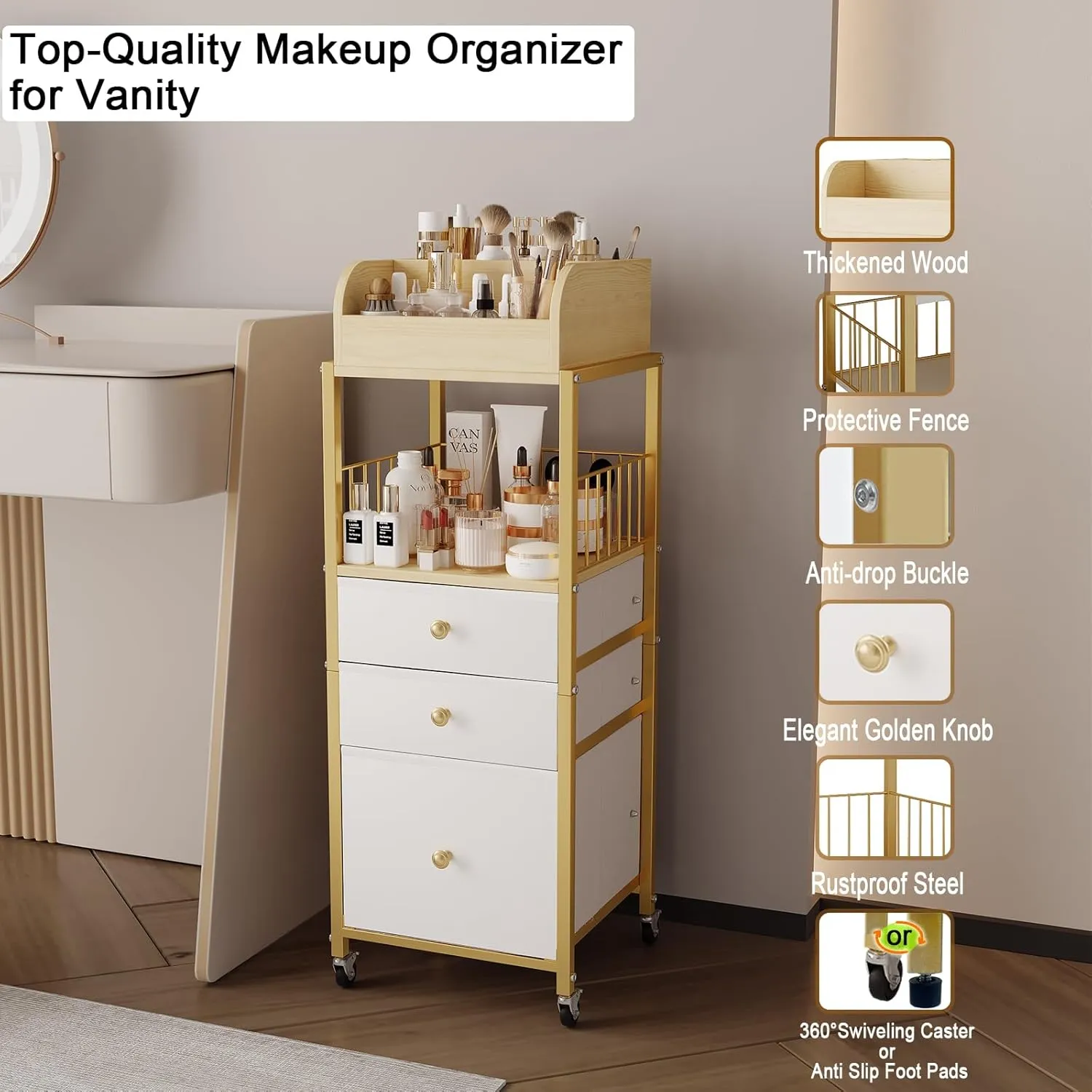 Makeup Organizer Cart with Drawers, Floor Skincare Organizers Make Up Organizers-Vanity Organizer Cosmetic Display Cases Holder for Skin Care Perfume Nail Polish Brush Hair Tool（Gold）