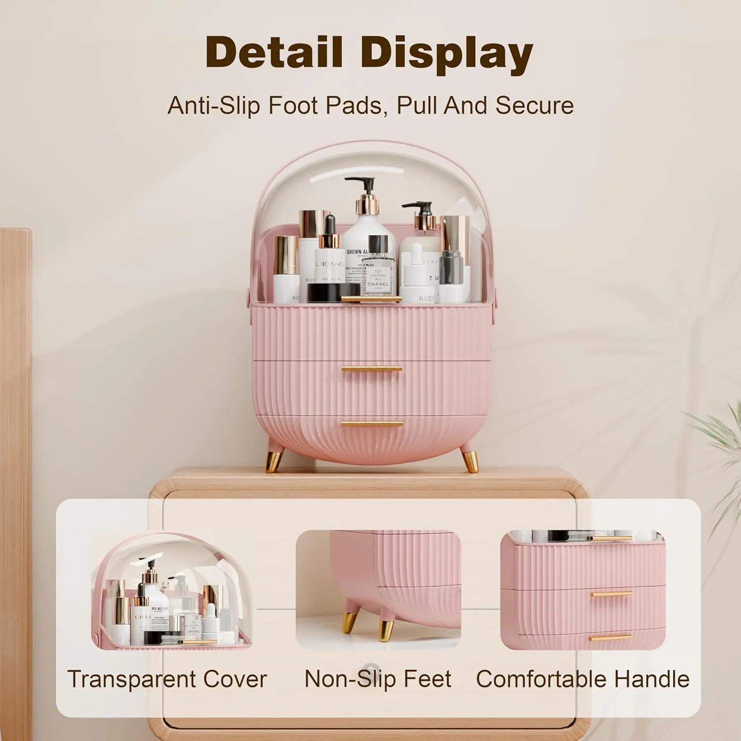 Makeup Organizer for Vanity Cosmetics Skincare Organizers with Lid and Drawers Display Cases for Countertop (Pink)