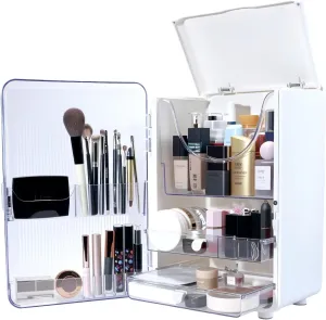 Makeup Organizer with brush organizer for Vanity,Large plastic drawer storage,White bathroom organizers and storage with drawer for Vanity (White)