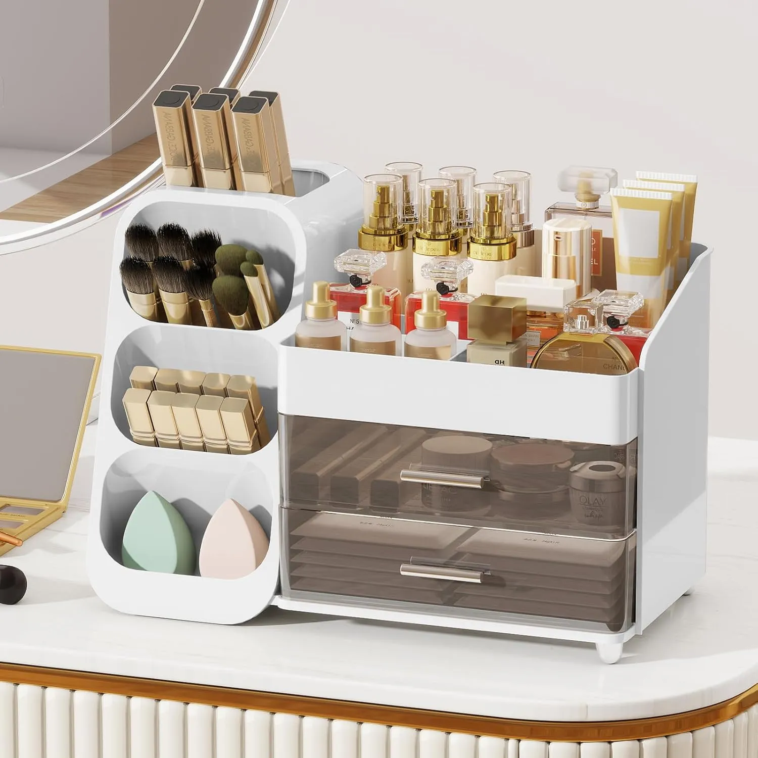 Makeup Organizer with Drawers for Vanity, Make Up Storage Kit, Spacious Cosmetic Display Case, Perfect Storage Solution for Beauty Essentials (White)
