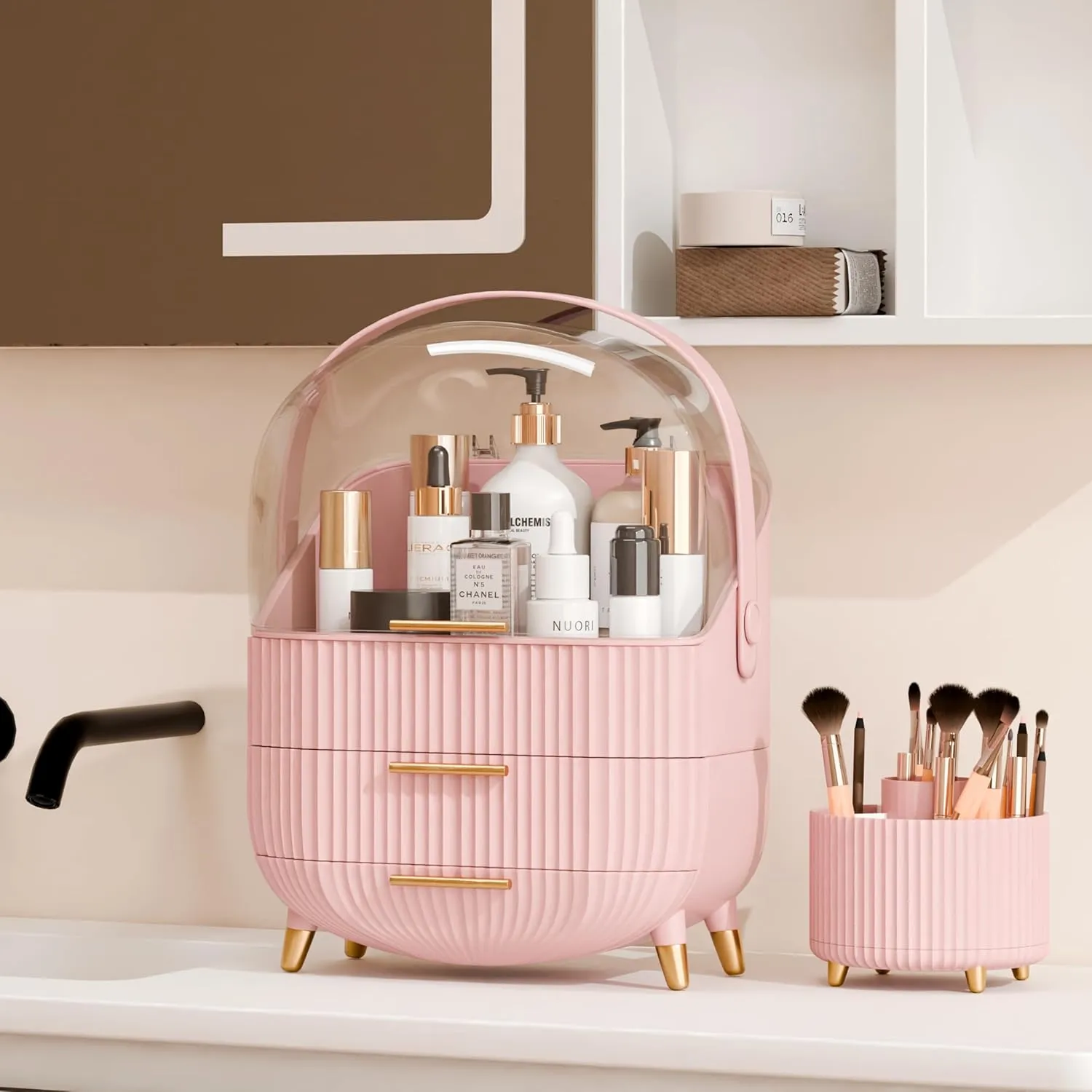 Makeup Organizers and Storage Make up Organizer for Vanity Cosmetics Skincare With Lid and Drawers Display Cases for Countertop Bathroom Women Teenager Girl Gifts(Pink Brush Holder)