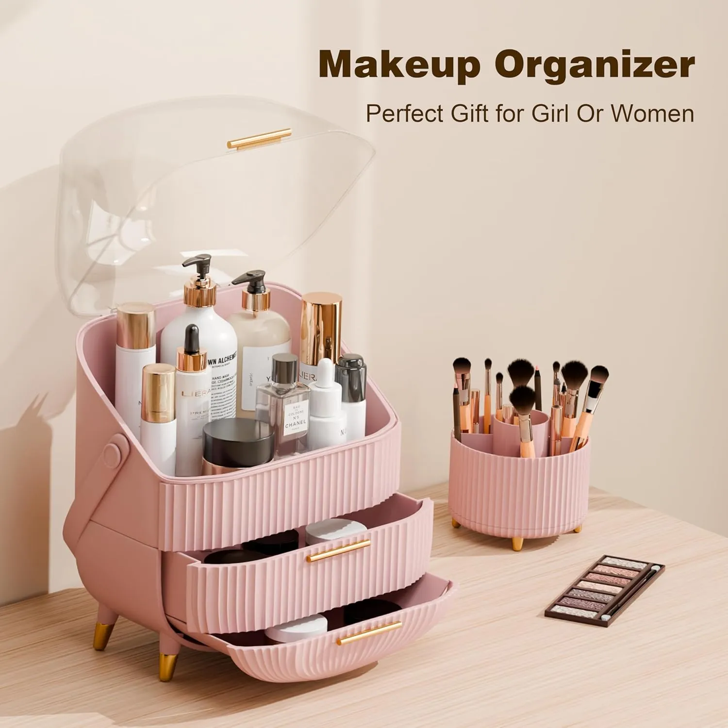 Makeup Organizers and Storage Make up Organizer for Vanity Cosmetics Skincare With Lid and Drawers Display Cases for Countertop Bathroom Women Teenager Girl Gifts(Pink Brush Holder)