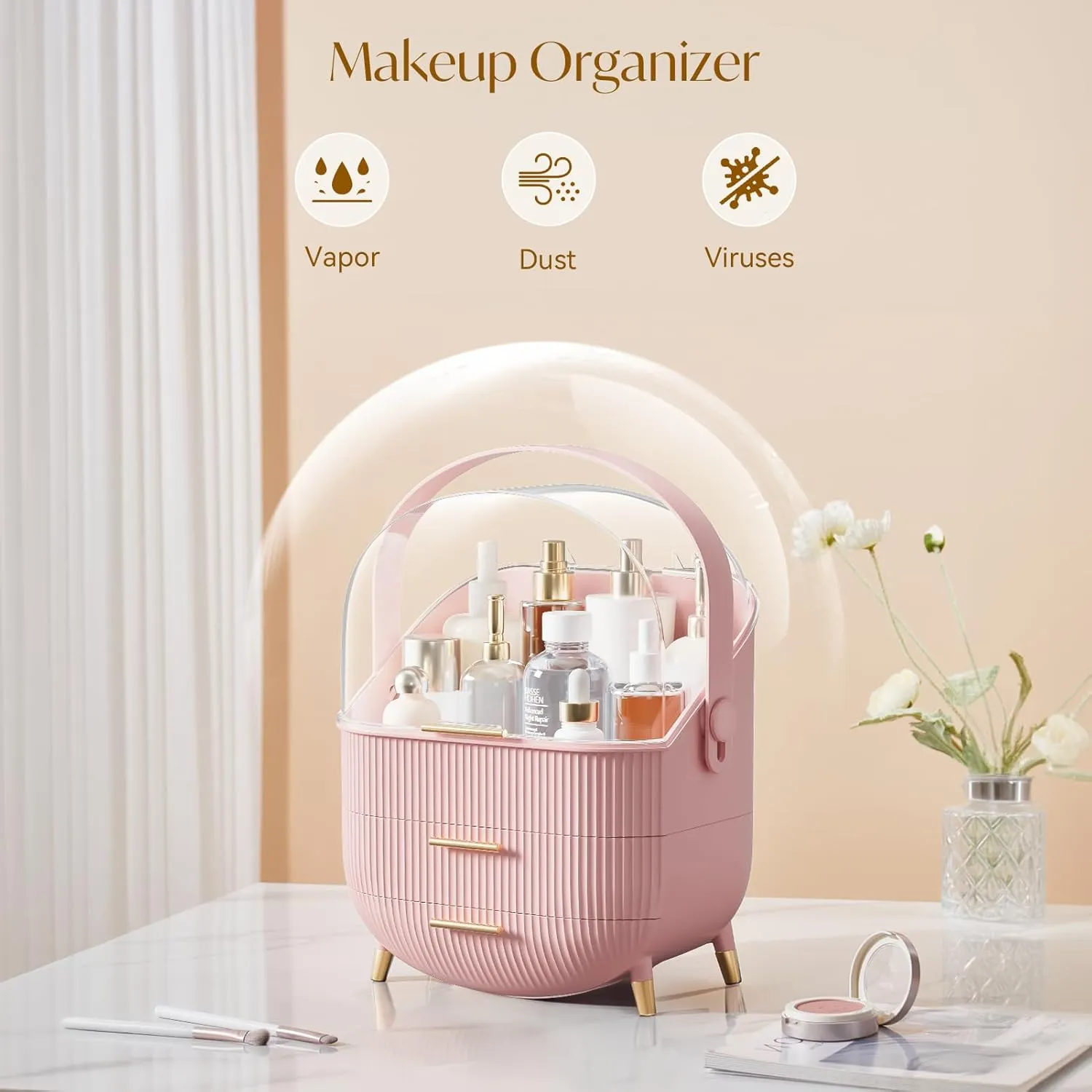 Makeup Storage Organizer with Lid, Waterproof Cosmetics Skincare Organizer for Vanity, Portable Makeup Storage Box for Countertop, Gifts, Women (Pink)