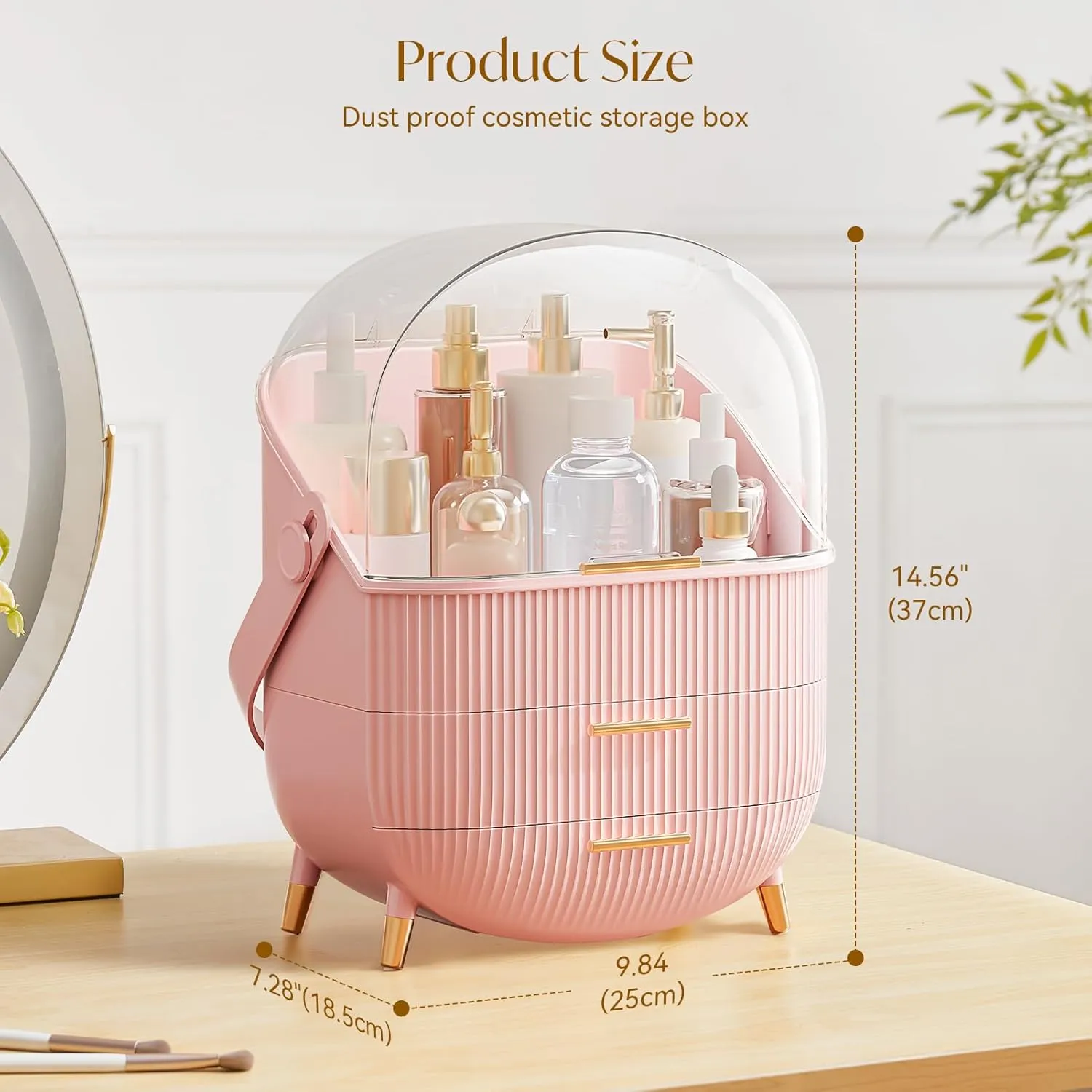 Makeup Storage Organizer with Lid, Waterproof Cosmetics Skincare Organizer for Vanity, Portable Makeup Storage Box for Countertop, Gifts, Women (Pink)