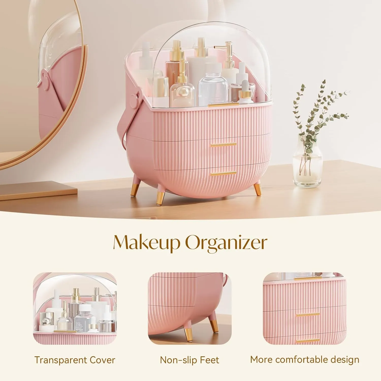 Makeup Storage Organizer with Lid, Waterproof Cosmetics Skincare Organizer for Vanity, Portable Makeup Storage Box for Countertop, Gifts, Women (Pink)