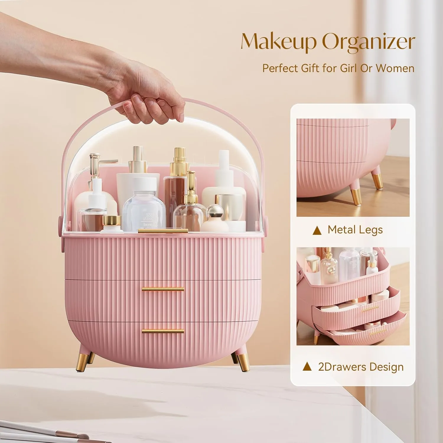 Makeup Storage Organizer with Lid, Waterproof Cosmetics Skincare Organizer for Vanity, Portable Makeup Storage Box for Countertop, Gifts, Women (Pink)