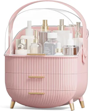 Makeup Storage Organizer with Lid, Waterproof Cosmetics Skincare Organizer for Vanity, Portable Makeup Storage Box for Countertop, Gifts, Women (Pink)