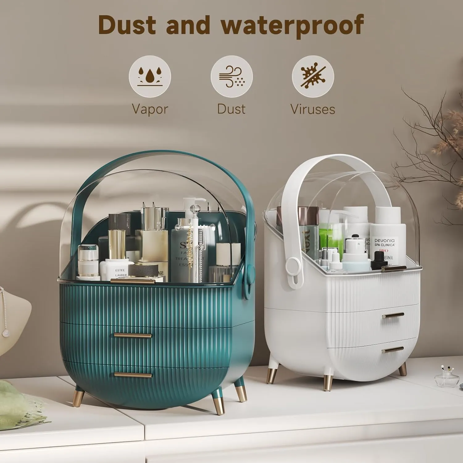 Makeup Storage Organizer with Lid, Waterproof Cosmetics Skincare Organizer for Vanity, Portable Makeup Storage Box for Countertop, Gifts, Women (White)
