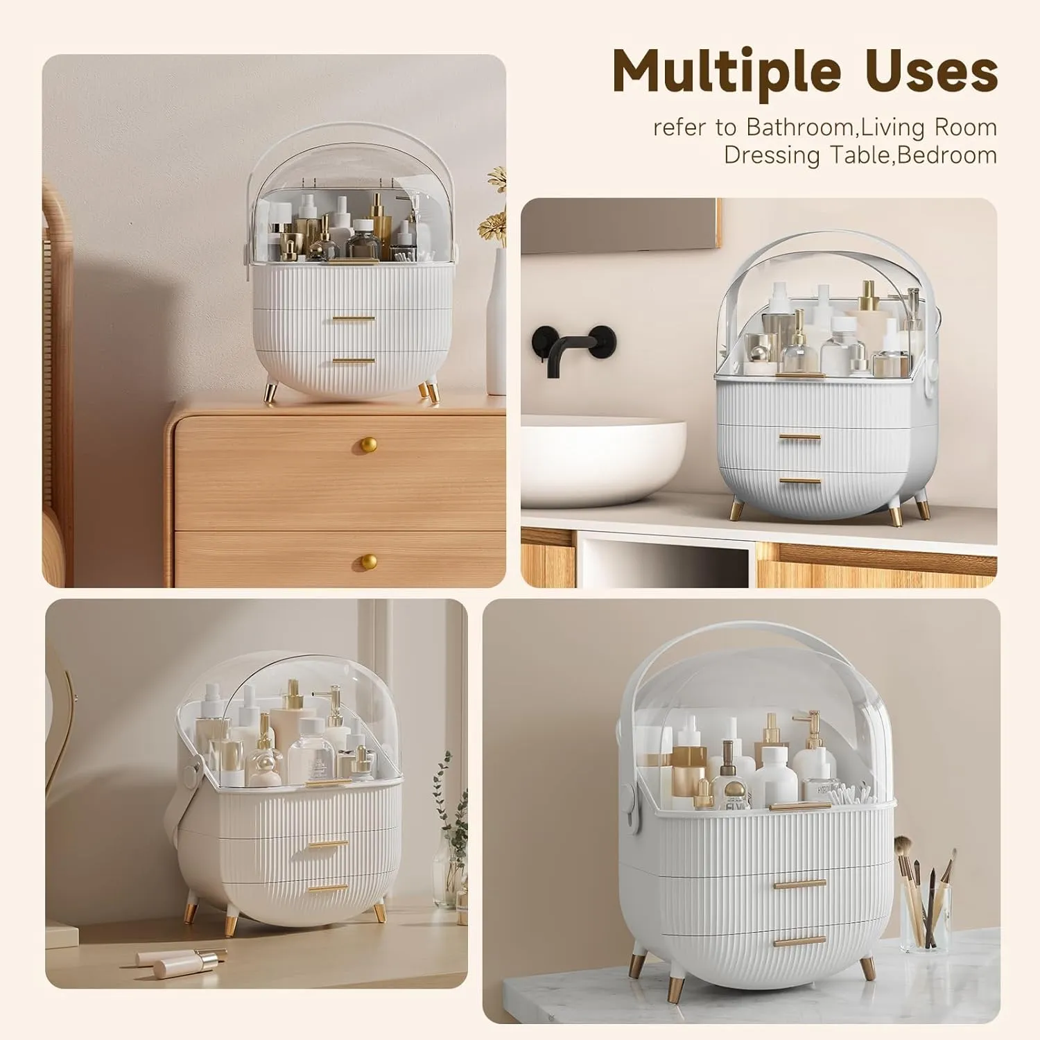 Makeup Storage Organizer with Lid, Waterproof Cosmetics Skincare Organizer for Vanity, Portable Makeup Storage Box for Countertop, Gifts, Women (White)