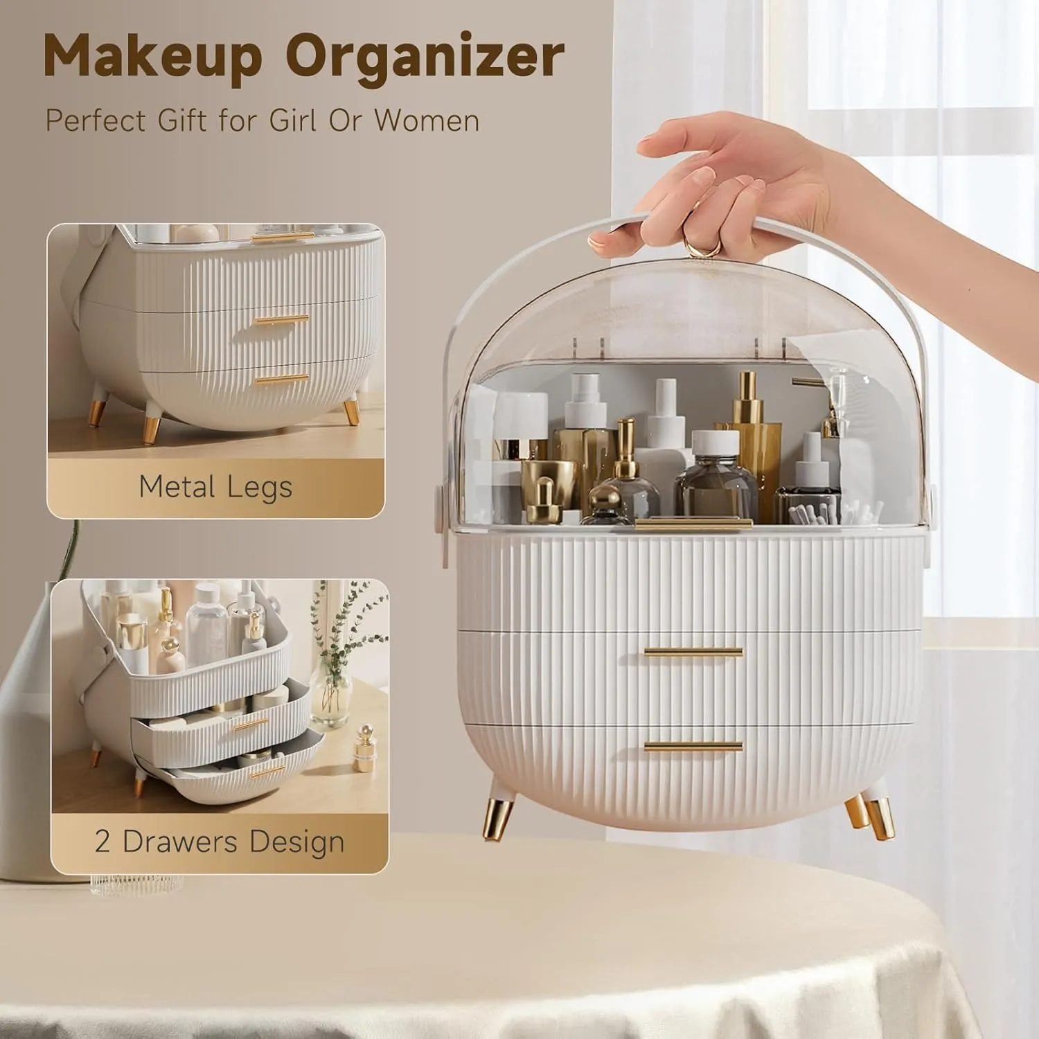 Makeup Storage Organizer with Lid, Waterproof Cosmetics Skincare Organizer for Vanity, Portable Makeup Storage Box for Countertop, Gifts, Women (White)