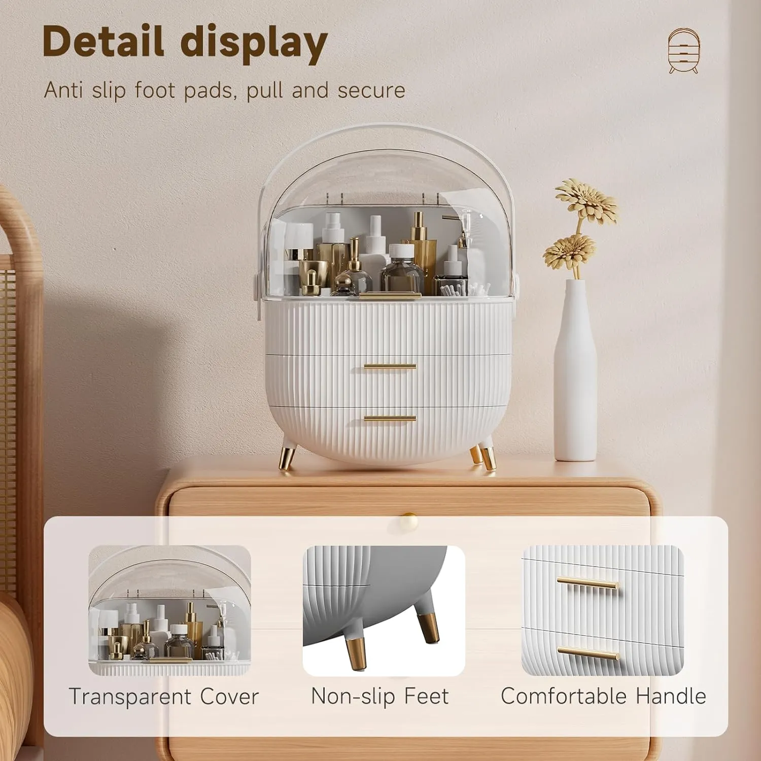 Makeup Storage Organizer with Lid, Waterproof Cosmetics Skincare Organizer for Vanity, Portable Makeup Storage Box for Countertop, Gifts, Women (White)