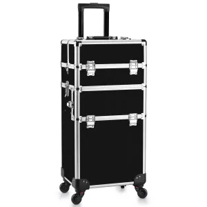 Makeup Train Case - 2 In 1 Aluminum Professional Rolling Cosmetics Storage Organizer With Locks and Folding Trays Black