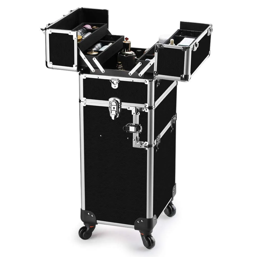 Makeup Train Case - 2 In 1 Aluminum Professional Rolling Cosmetics Storage Organizer With Locks and Folding Trays Black