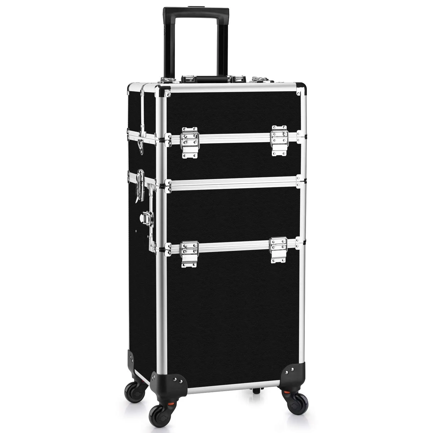 Makeup Train Case - 2 In 1 Aluminum Professional Rolling Cosmetics Storage Organizer With Locks and Folding Trays Black
