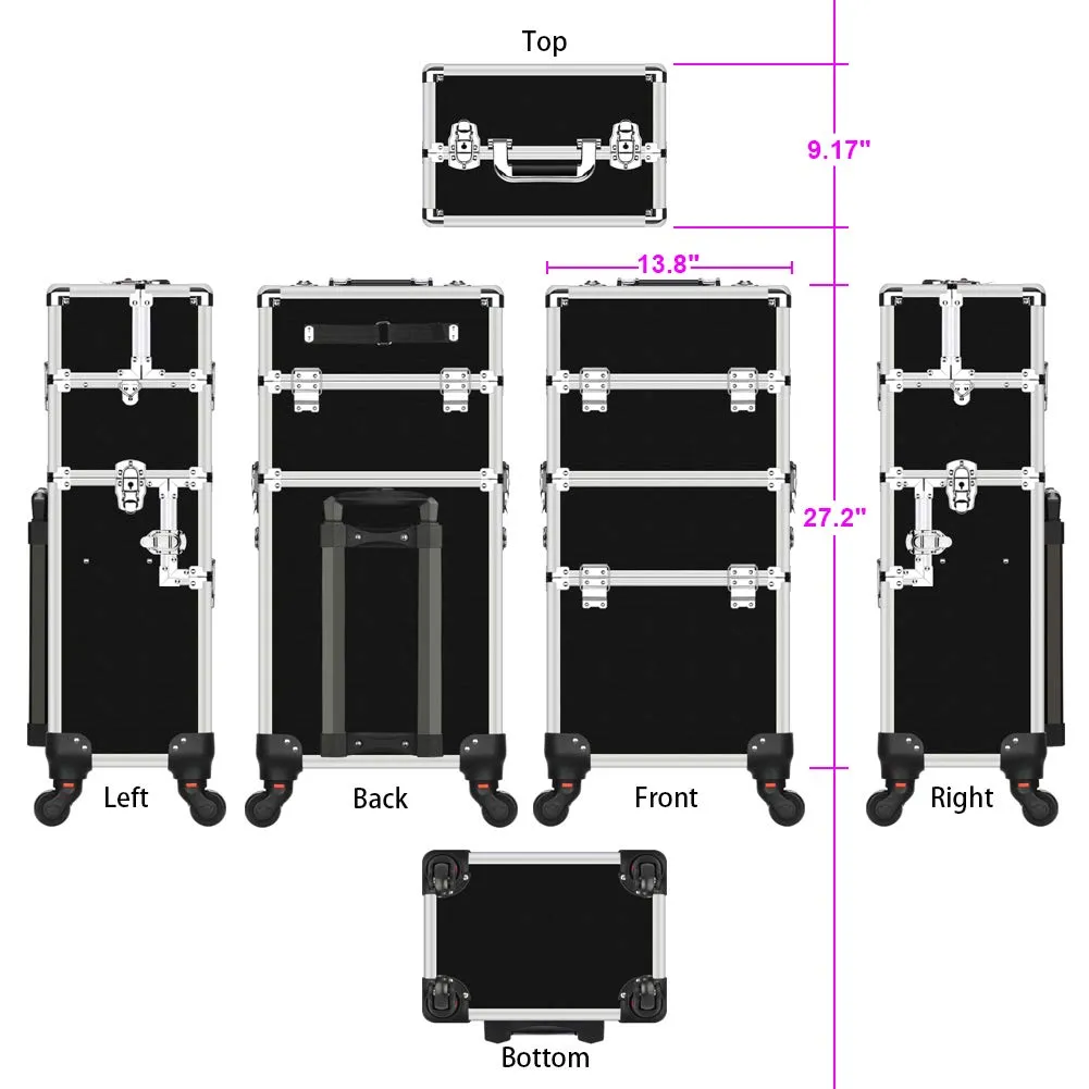 Makeup Train Case - 2 In 1 Aluminum Professional Rolling Cosmetics Storage Organizer With Locks and Folding Trays Black