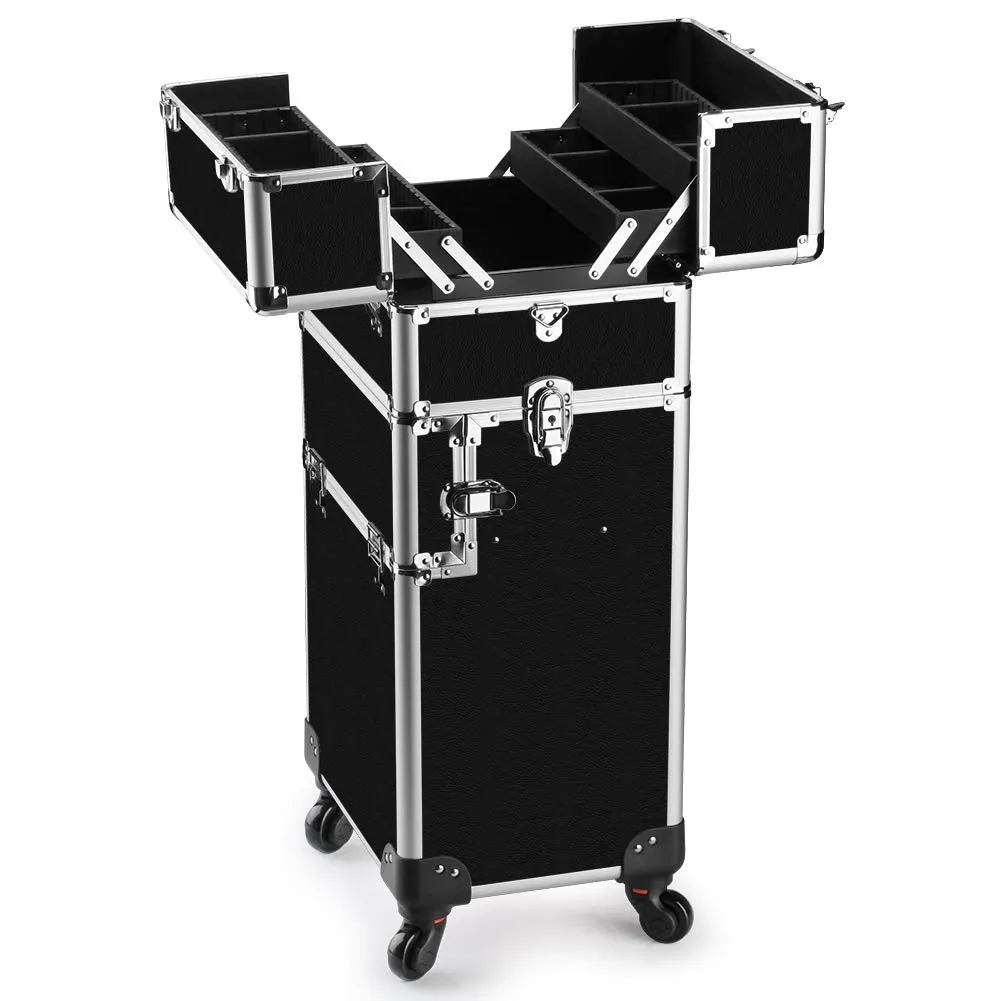 Makeup Train Case - 2 In 1 Aluminum Professional Rolling Cosmetics Storage Organizer With Locks and Folding Trays Black