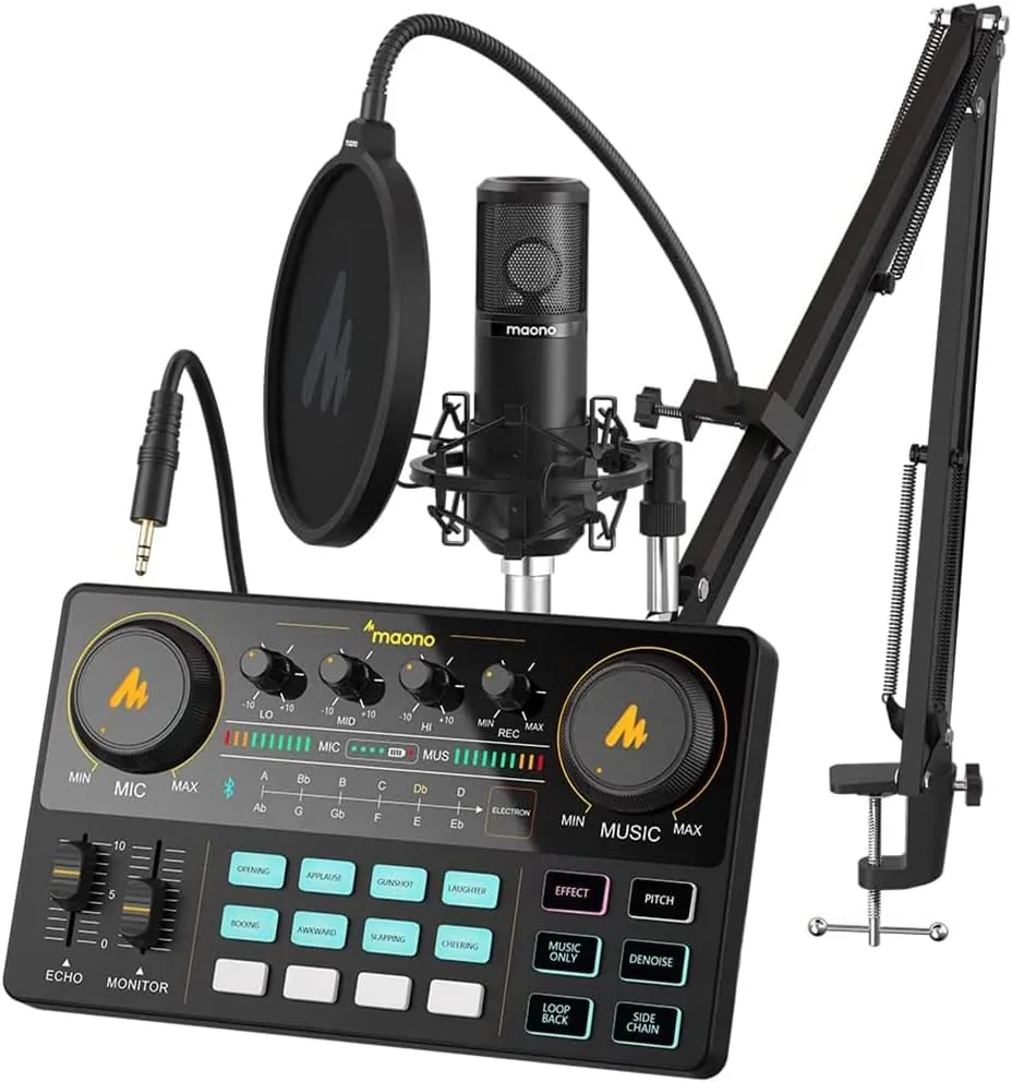 MAONO Podcast Equipment Bundle Audio mixer All-in-One Podcast Production Studio with 3.5mm Microphone for Live Streaming, Podcast Recording, PC, Smartphone, DJ MaonoCaster Lite (AU-AM200-S6 Black)