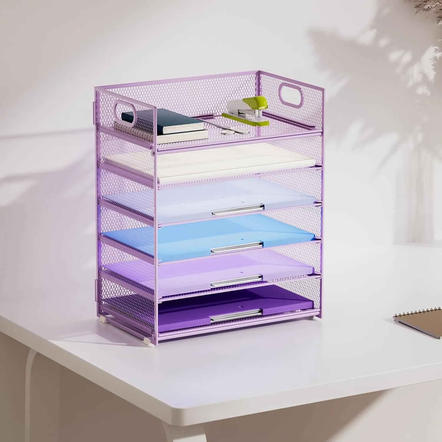 Marbrasse 2 Pack Desk Organizer with Handle, 6 Tier Paper Letter Tray, Mesh Desk File Organizer for Office, School and Home - Purple