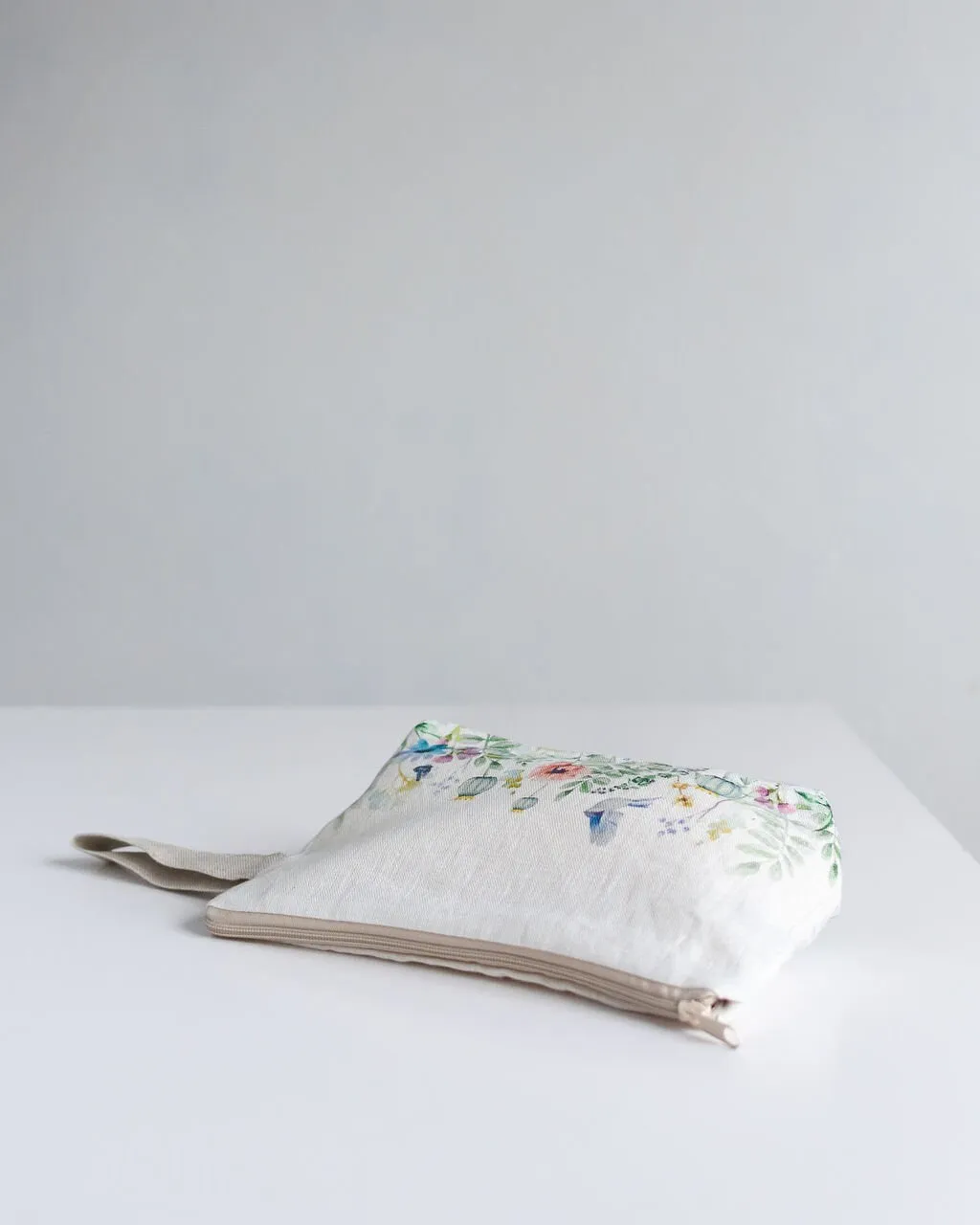 Meadow print wristlet pouch from linen fabric